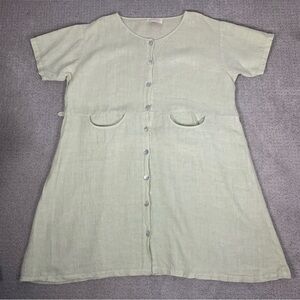 100% Linen Potpourri Designs Lagenlook Front Button Green Dress, Plus Size 2 M/L